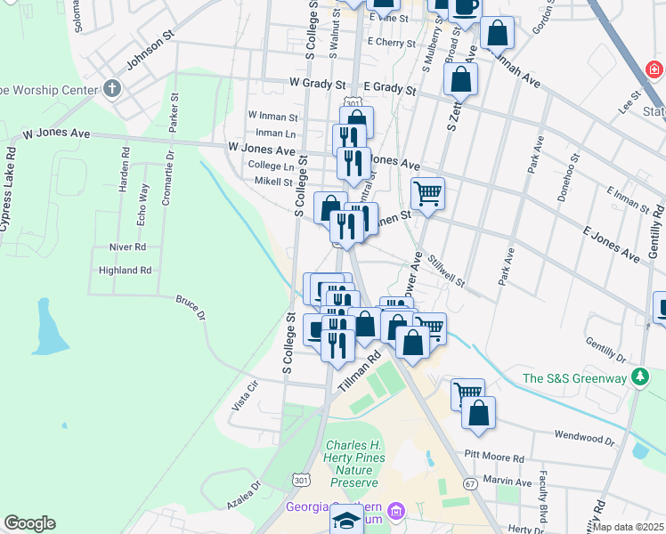 map of restaurants, bars, coffee shops, grocery stores, and more near 413 South Main Street in Statesboro