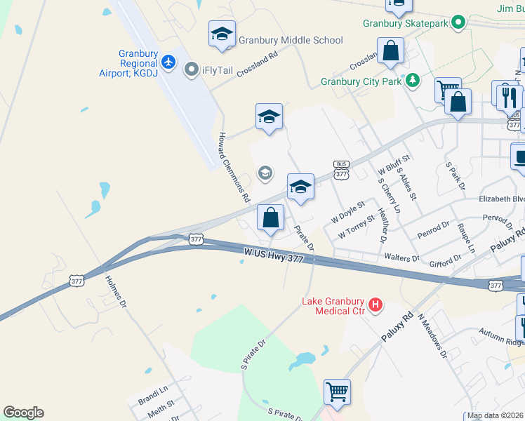 map of restaurants, bars, coffee shops, grocery stores, and more near 2006 Alpha Lane in Granbury