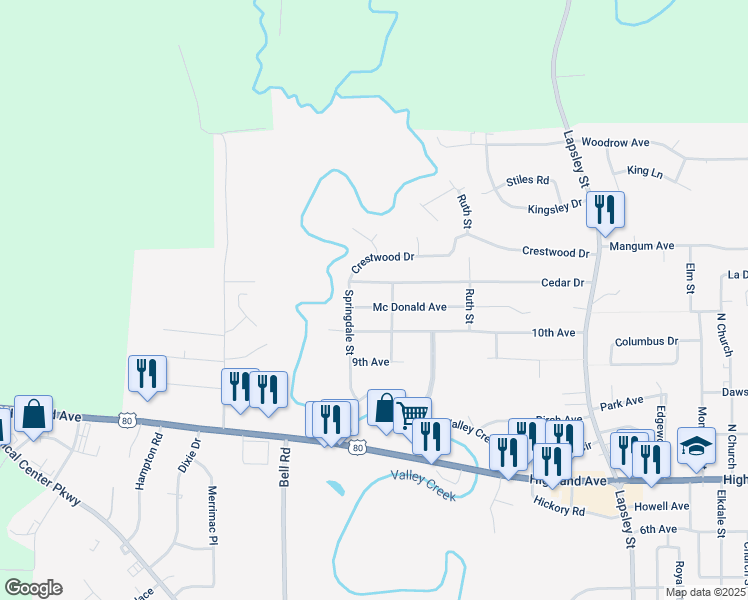 map of restaurants, bars, coffee shops, grocery stores, and more near 201 Mcdonald Avenue in Selma