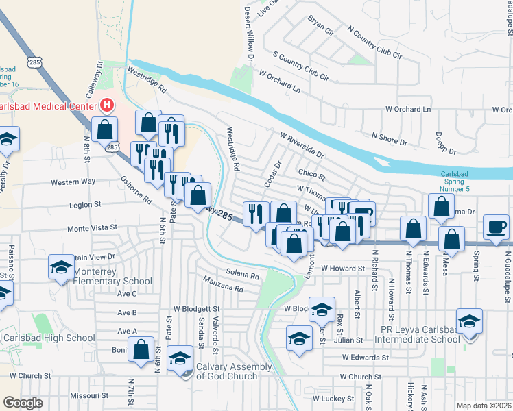 map of restaurants, bars, coffee shops, grocery stores, and more near 1602 Westridge Rd in Carlsbad