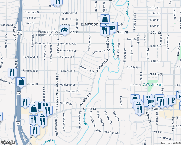map of restaurants, bars, coffee shops, grocery stores, and more near 4025 Benbrook Street in Abilene