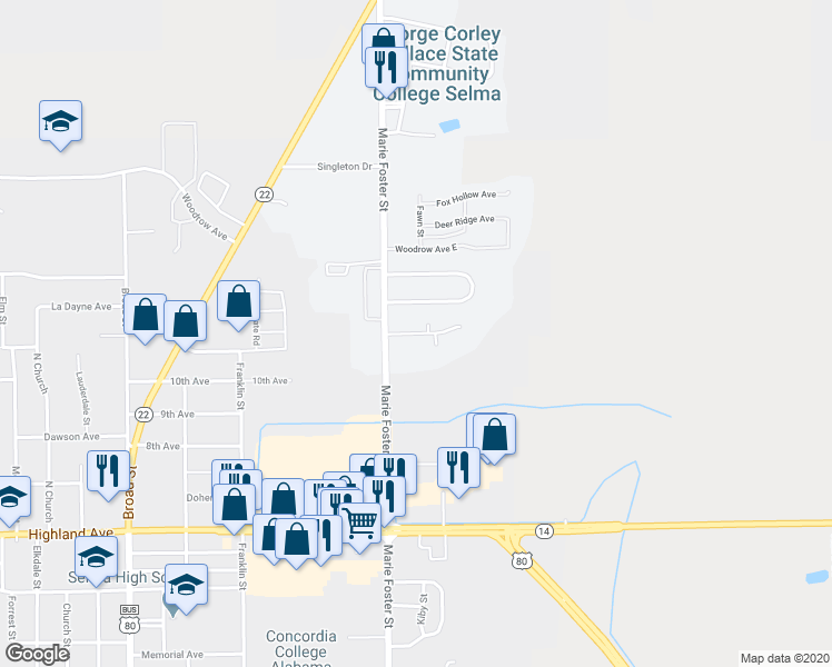 map of restaurants, bars, coffee shops, grocery stores, and more near 100 Beech Creek Lane in Selma