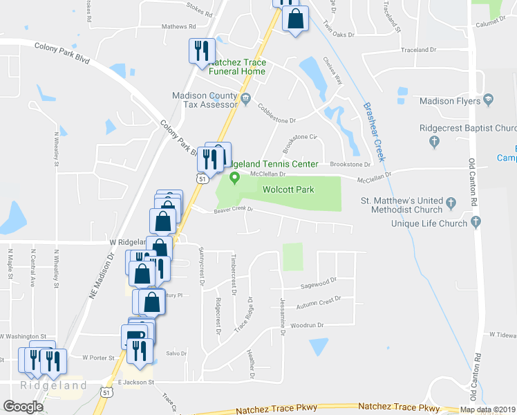 map of restaurants, bars, coffee shops, grocery stores, and more near 206 Beaver Creek Drive in Ridgeland