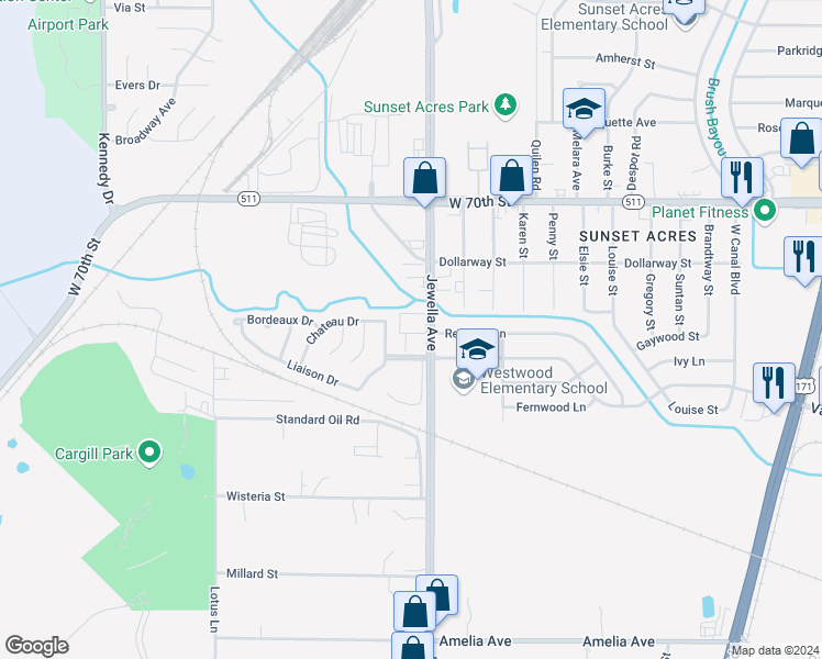 map of restaurants, bars, coffee shops, grocery stores, and more near 7200 Jewella Avenue in Shreveport