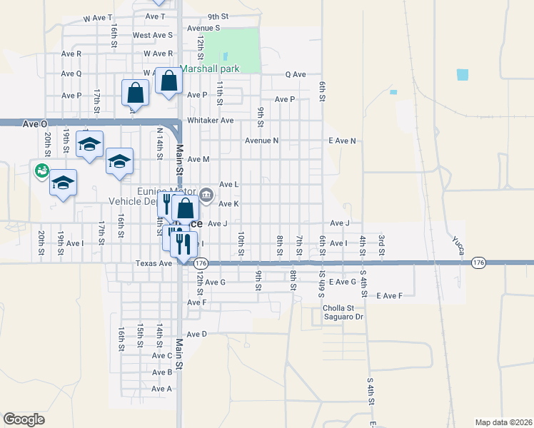 map of restaurants, bars, coffee shops, grocery stores, and more near 1001-1003 8th Street in Eunice