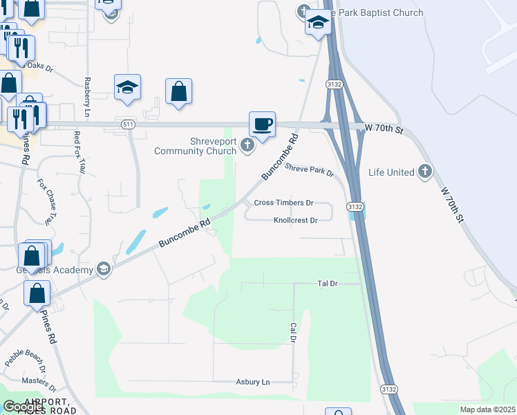 map of restaurants, bars, coffee shops, grocery stores, and more near 5634 Knollcrest Drive in Shreveport