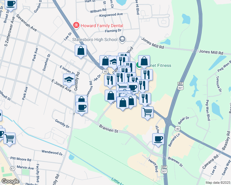 map of restaurants, bars, coffee shops, grocery stores, and more near 300 Lovett Road in Statesboro