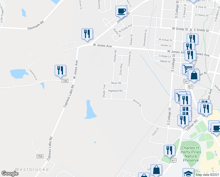 map of restaurants, bars, coffee shops, grocery stores, and more near 108 Highland Road in Statesboro