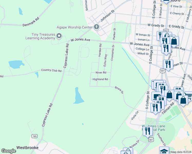 map of restaurants, bars, coffee shops, grocery stores, and more near 201 Highland Road in Statesboro