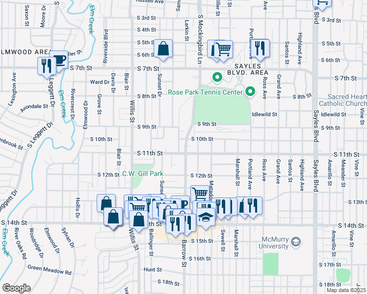 map of restaurants, bars, coffee shops, grocery stores, and more near 1026 Barrow Street in Abilene