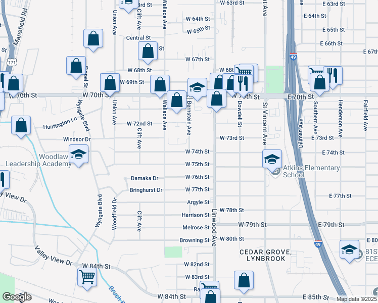 map of restaurants, bars, coffee shops, grocery stores, and more near West 74th Street in Shreveport