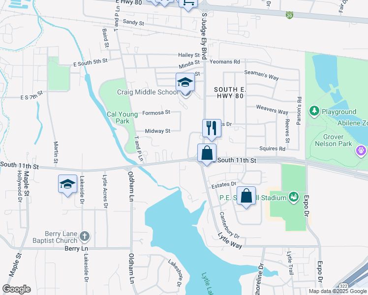map of restaurants, bars, coffee shops, grocery stores, and more near 1000 Justice Way in Abilene