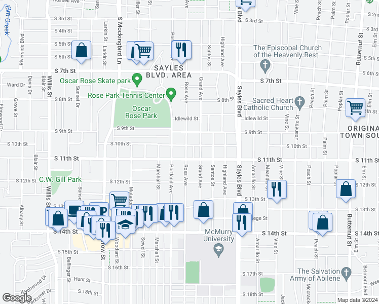 map of restaurants, bars, coffee shops, grocery stores, and more near 1017 Ross Avenue in Abilene