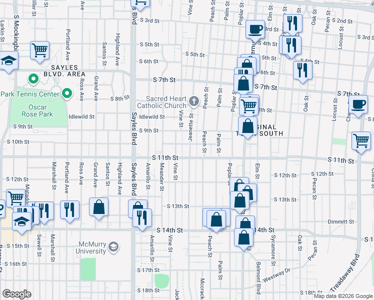 map of restaurants, bars, coffee shops, grocery stores, and more near 1041 Vine Street in Abilene