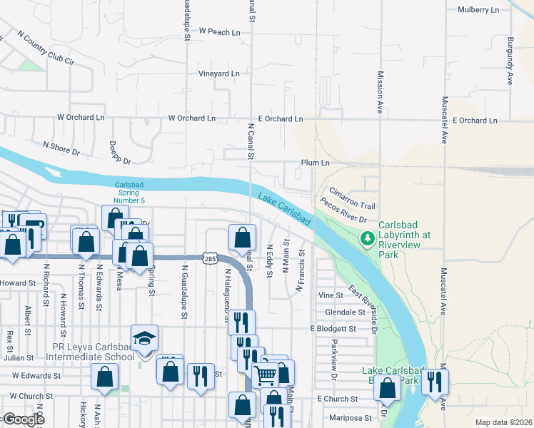 map of restaurants, bars, coffee shops, grocery stores, and more near 210 West Riverside Drive in Carlsbad