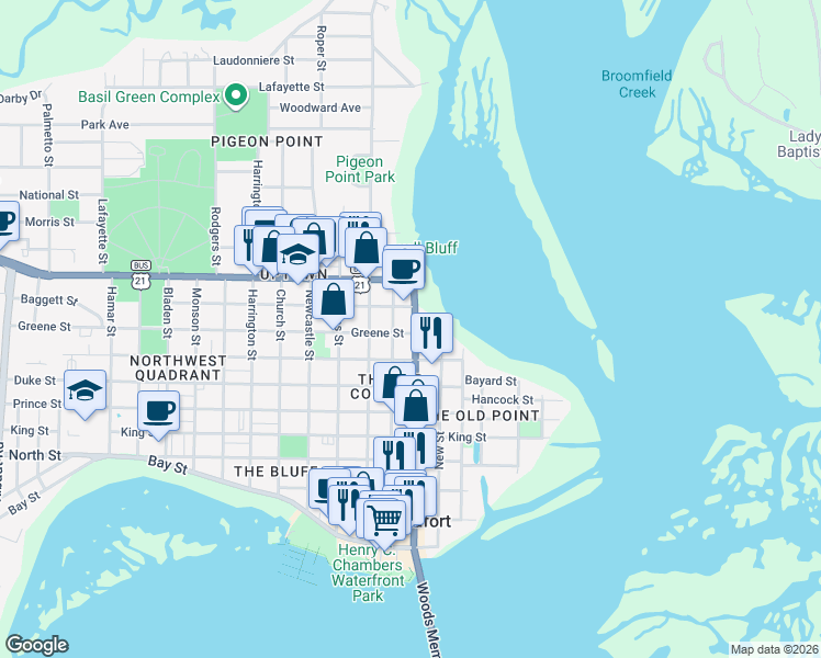 map of restaurants, bars, coffee shops, grocery stores, and more near 705 Greene Street in Beaufort