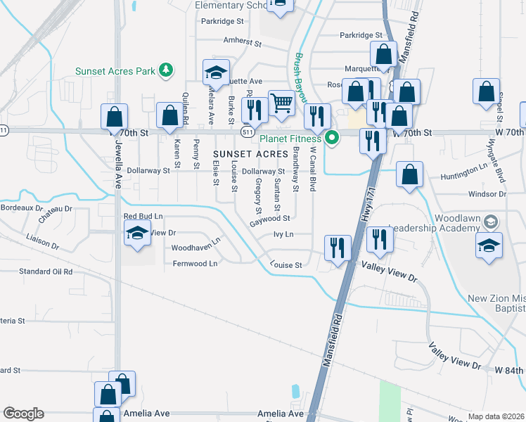 map of restaurants, bars, coffee shops, grocery stores, and more near 7216 Gregory Street in Shreveport