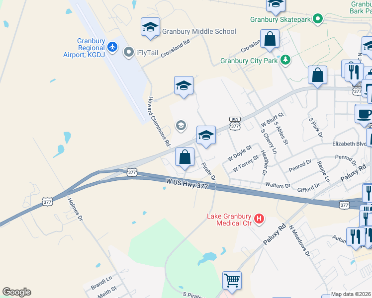 map of restaurants, bars, coffee shops, grocery stores, and more near 2006 Alpha Lane in Granbury