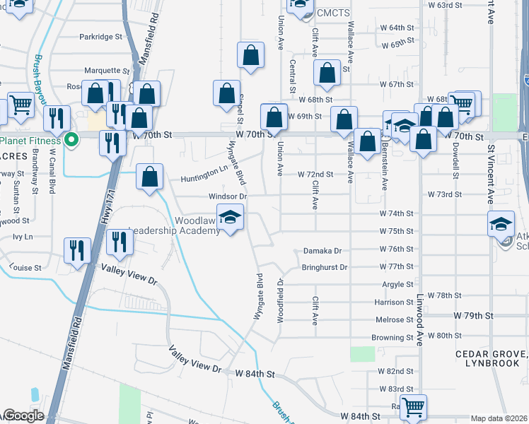 map of restaurants, bars, coffee shops, grocery stores, and more near 815 Pine Tree Drive in Shreveport