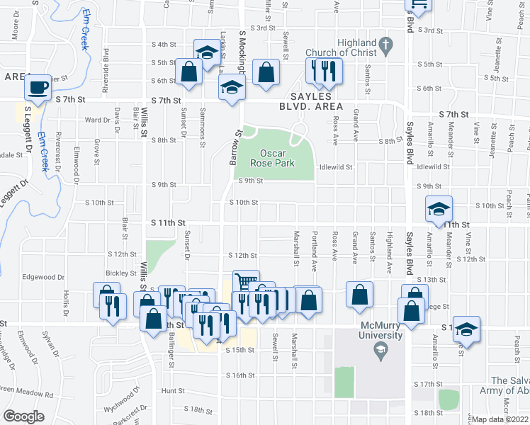 map of restaurants, bars, coffee shops, grocery stores, and more near 2742 South 11th Street in Abilene