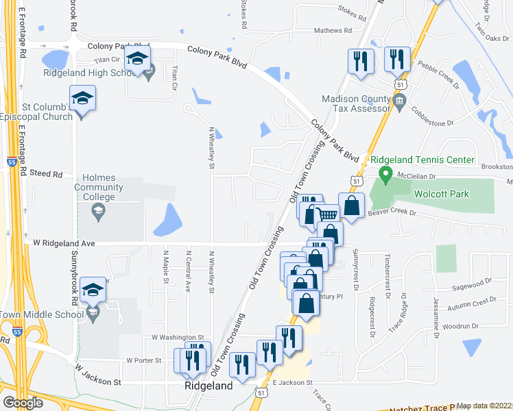 map of restaurants, bars, coffee shops, grocery stores, and more near 338 Brookwoods Drive in Ridgeland