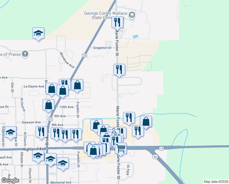 map of restaurants, bars, coffee shops, grocery stores, and more near 22 Cloverdale Road in Selma