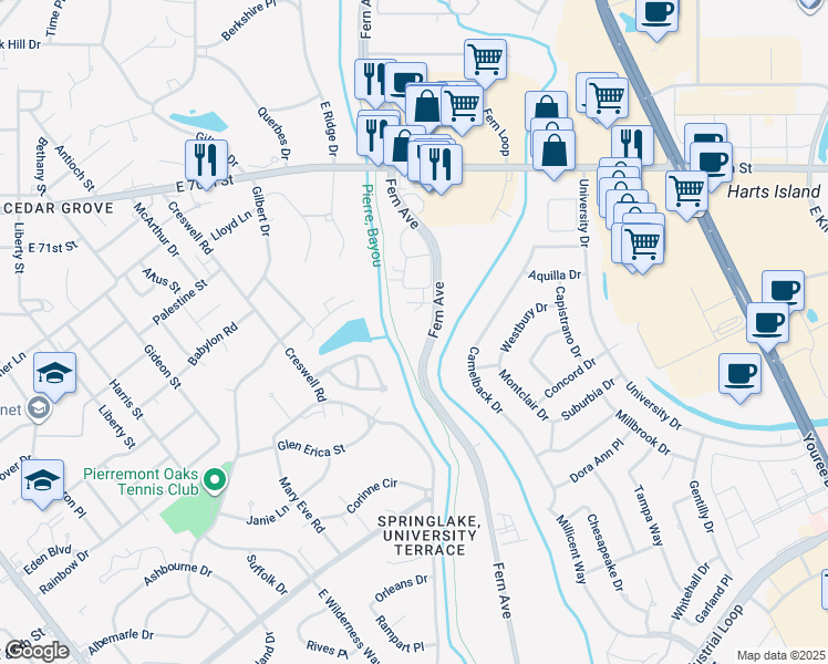 map of restaurants, bars, coffee shops, grocery stores, and more near 7330 Fern Avenue in Shreveport