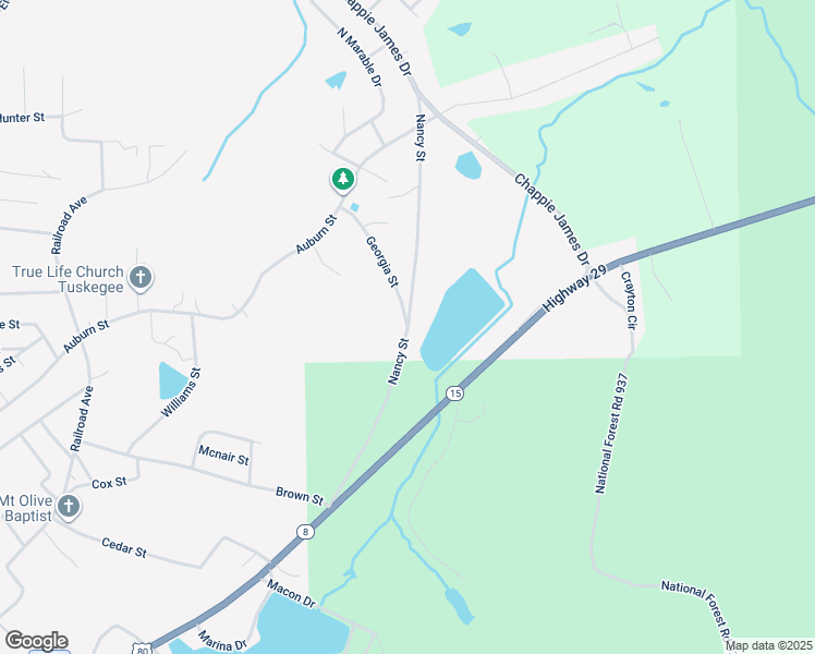 map of restaurants, bars, coffee shops, grocery stores, and more near 801 Georgia Street in Tuskegee