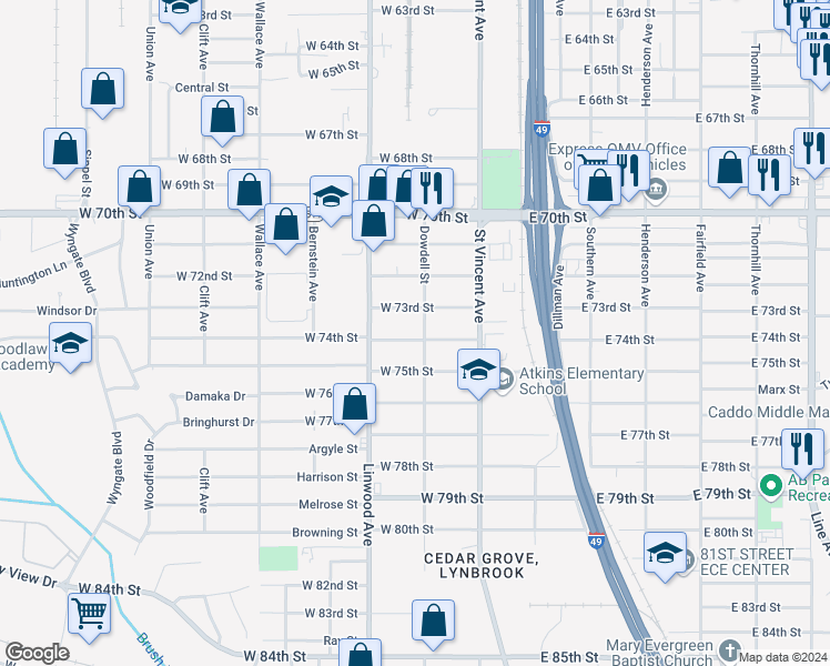 map of restaurants, bars, coffee shops, grocery stores, and more near 336 West 74th Street in Shreveport