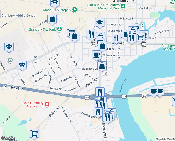 map of restaurants, bars, coffee shops, grocery stores, and more near 900 North Penrod Drive in Granbury