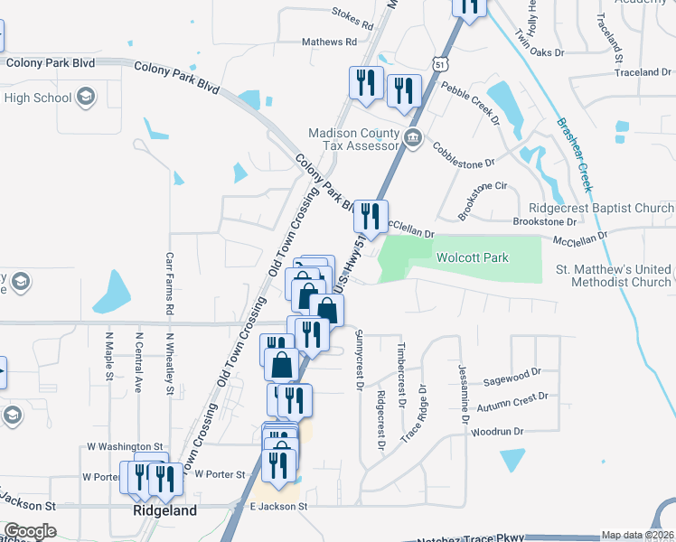 map of restaurants, bars, coffee shops, grocery stores, and more near 665 U.S. 51 in Ridgeland