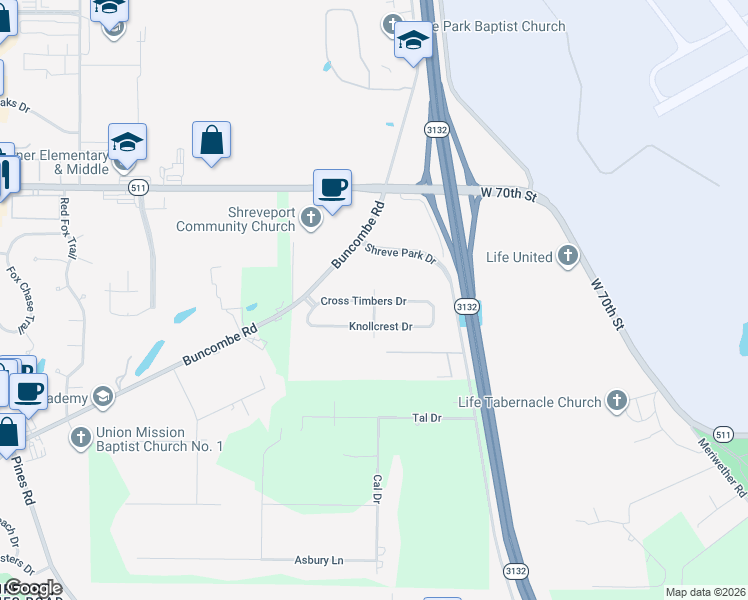 map of restaurants, bars, coffee shops, grocery stores, and more near 7419 Songwood Street in Shreveport