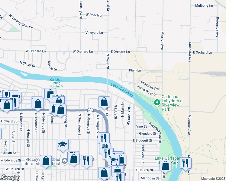 map of restaurants, bars, coffee shops, grocery stores, and more near 204 West Riverside Drive in Carlsbad