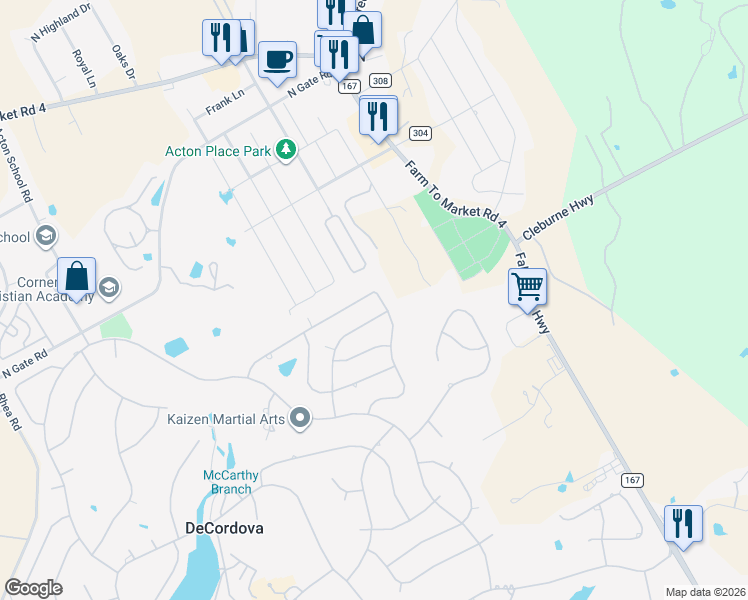 map of restaurants, bars, coffee shops, grocery stores, and more near 6316 Carrizo Drive in Granbury