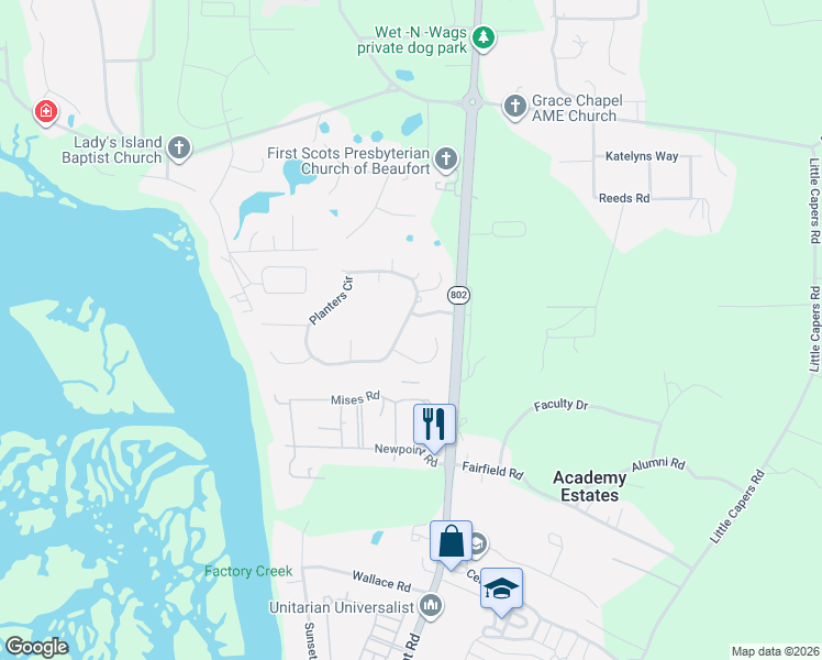 map of restaurants, bars, coffee shops, grocery stores, and more near 11 Harvest Lane in Beaufort