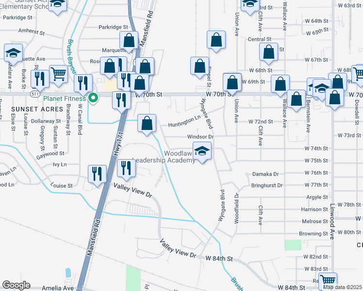 map of restaurants, bars, coffee shops, grocery stores, and more near 1015 Pine Tree Drive in Shreveport