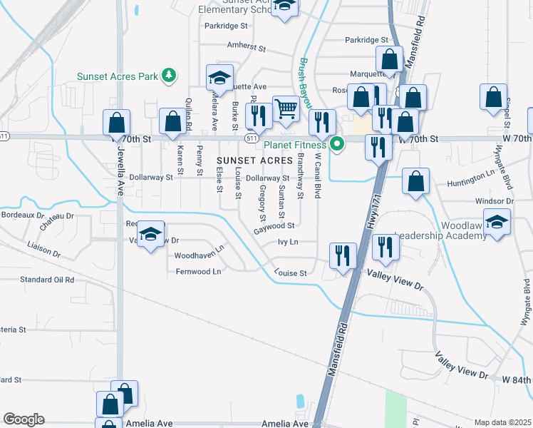 map of restaurants, bars, coffee shops, grocery stores, and more near 7205 Gregory Street in Shreveport
