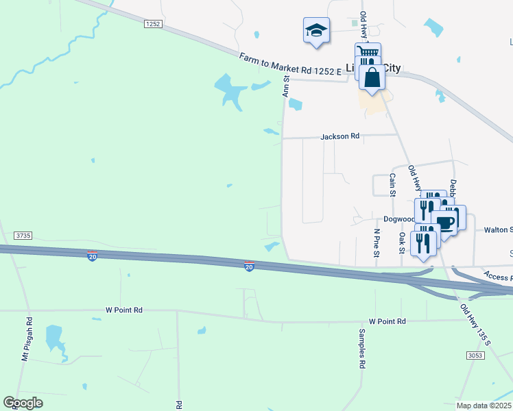 map of restaurants, bars, coffee shops, grocery stores, and more near 600 Ann Street in Kilgore