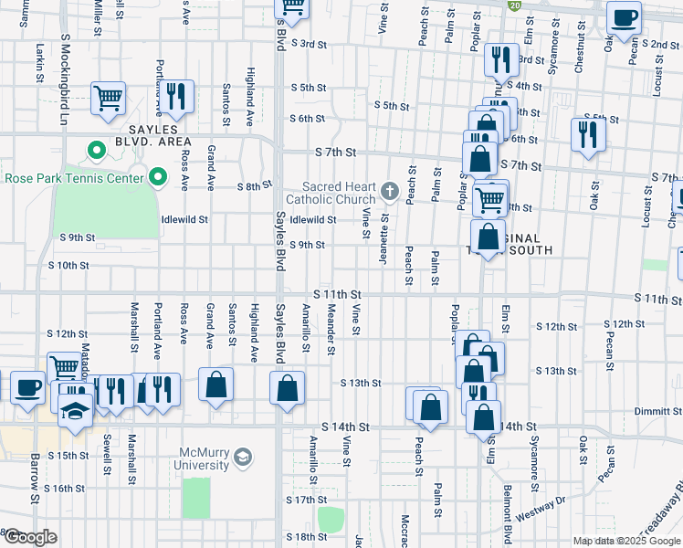 map of restaurants, bars, coffee shops, grocery stores, and more near 1835 South 10th Street in Abilene