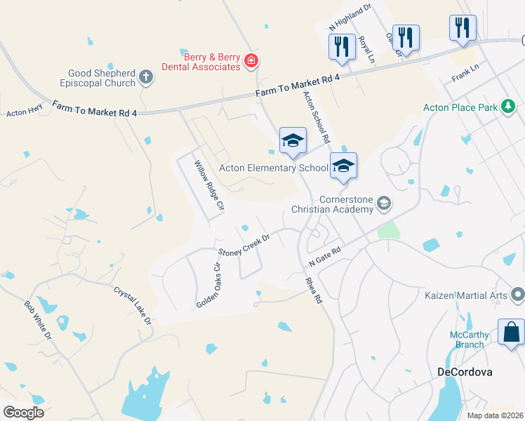 map of restaurants, bars, coffee shops, grocery stores, and more near 3109 Rim Rock Court in Granbury