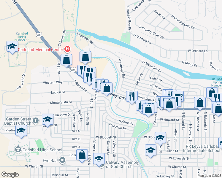 map of restaurants, bars, coffee shops, grocery stores, and more near 2200 West Pierce Street in Carlsbad
