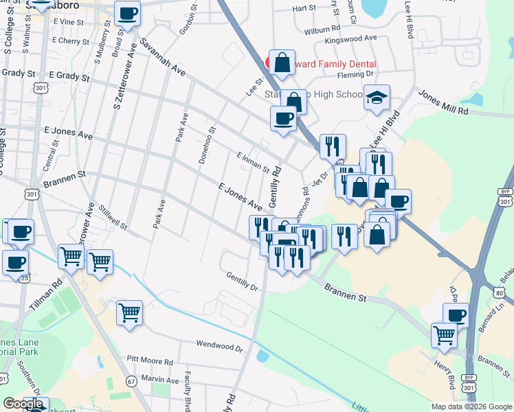 map of restaurants, bars, coffee shops, grocery stores, and more near 408 Clairborne Avenue in Statesboro