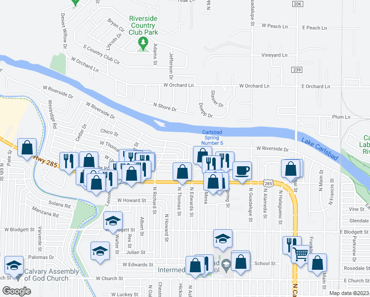 map of restaurants, bars, coffee shops, grocery stores, and more near 1001 West Riverside Drive in Carlsbad