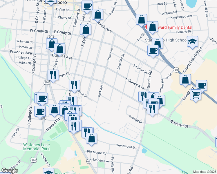 map of restaurants, bars, coffee shops, grocery stores, and more near 320 Brannen Street in Statesboro