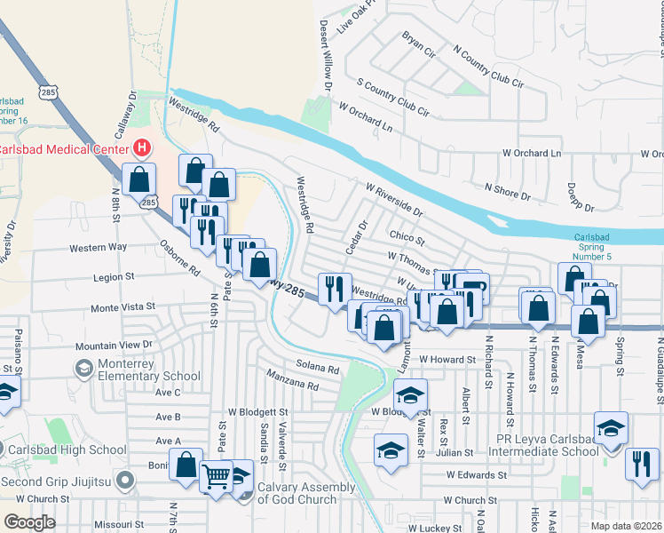 map of restaurants, bars, coffee shops, grocery stores, and more near 1600-1602 Westridge Rd in Carlsbad