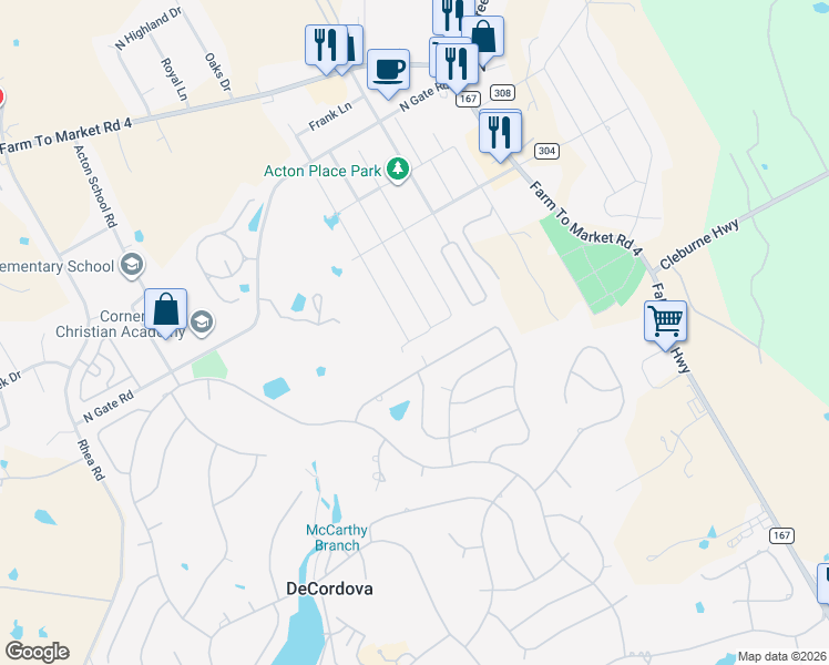 map of restaurants, bars, coffee shops, grocery stores, and more near 6426 Circo Drive in Granbury