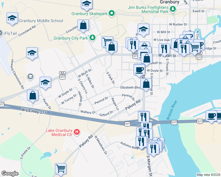 map of restaurants, bars, coffee shops, grocery stores, and more near 907 Elizabeth Boulevard in Granbury