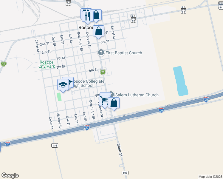 map of restaurants, bars, coffee shops, grocery stores, and more near in Roscoe