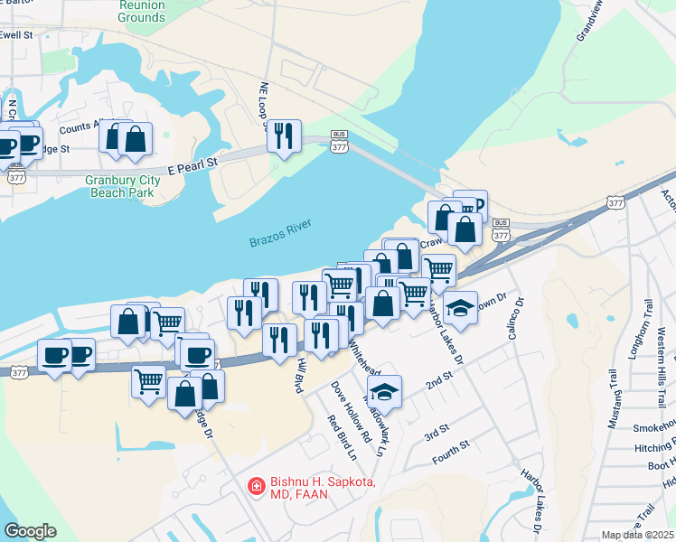 map of restaurants, bars, coffee shops, grocery stores, and more near 1220 Crawford Court in Granbury