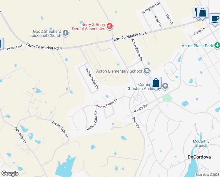 map of restaurants, bars, coffee shops, grocery stores, and more near 3100 Rim Rock Court in Granbury